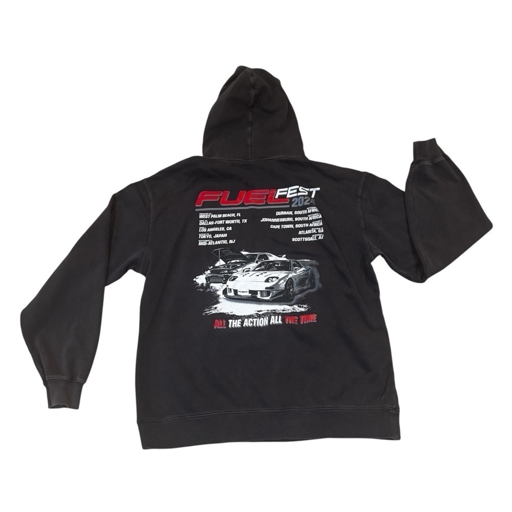 Fuel Fest gray hoodie, white & red graphic car prints, long sleeved, pocket, XL.